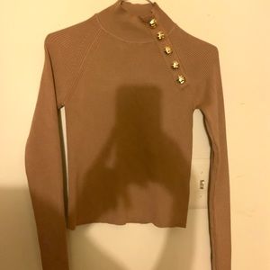 Brown Rib Knit Mock Neck Top